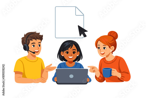 Group of friends engaged in an online conversation while using a laptop in a casual setting during the day