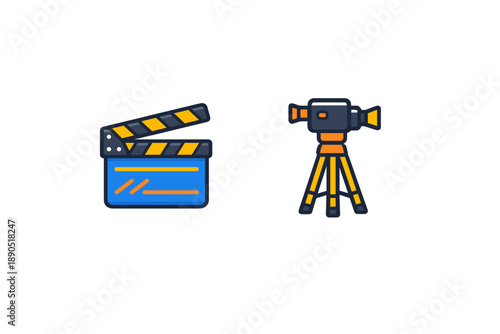 Film equipment is shown with a clapperboard and a camera on a simple background ready for a movie production or filming session