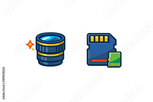 Lens and memory card graphic design showing a camera lens and a memory card with colorful details in a simple layout