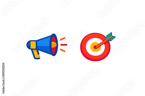 Marketing tools include a megaphone and a target symbolizing communication and audience reach to achieve business goals effectively