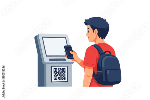 Person stands at kiosk using smartphone and scanning QR code in a busy urban area during daytime for digital transactions or information access