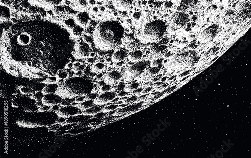 Moon surface engraving. Planet space lunar crater grain texture, asteroid meteor halftone stippling pointillism dots monochrome shadow astronomy exploration vector illustration