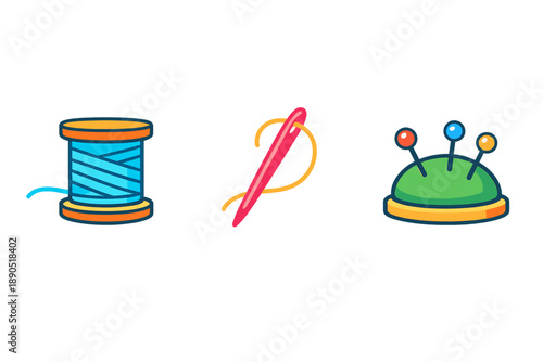 Colorful sewing tools displayed in a row showing spool of thread, needle, and pin cushion during a crafting activity at home in the afternoon