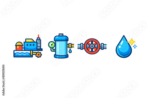 Water management system includes pipes, treatment plant, valves, and droplets showing the process and importance of clean water