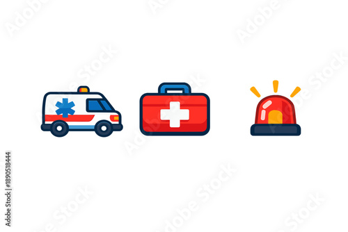 Icons of emergency services show an ambulance, a first aid kit, and a red siren for medical assistance