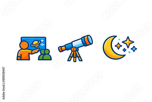 People watch a presentation about planets and stars while using a telescope and looking at the moon during a night sky event at a local park