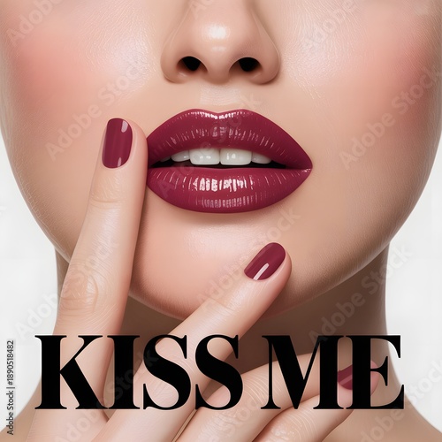 International Kissing Day Sensual Kiss Me Lips Close Up with Glossy Burgundy Lipstick Beauty Concept