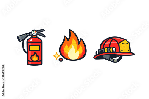 Illustration shows a fire extinguisher, a fire, and a firefighter helmet in a simple design, focusing on fire safety items and tools in a clear arrangement