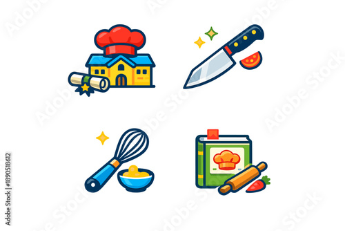 Culinary school logo and cooking tools with a knife, whisk, recipe book, and rolling pin arranged in a creative layout