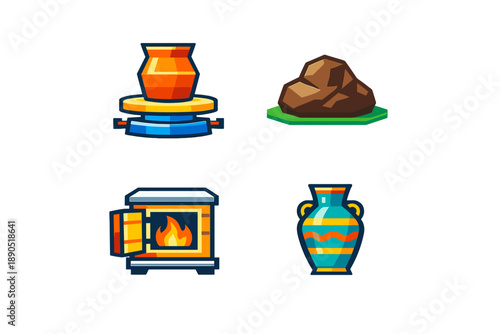 Clay is shaped on a wheel while a stove shows fire with vases and a lump of clay arranged around the tools used in ceramic art