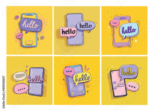 Smartphone social media post. Retro smart phone with hello text in speech bubble, smm concept internet marketing messenger app messages chat creative design set vector illustration