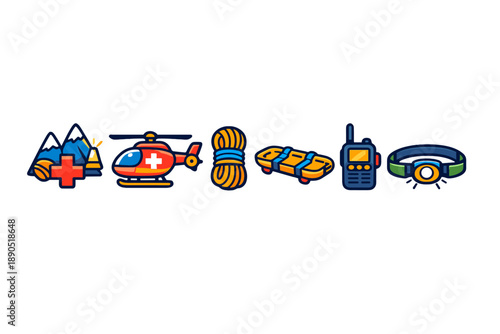 First aid tools and rescue equipment are shown in a sequence that highlights their importance in emergency situations in outdoor settings