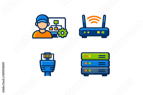 Network technician works with routers and servers while using a computer and network cables in an office setting during daytime hours