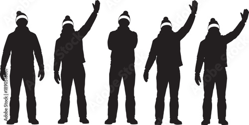 Set of Black Silhouettes Featuring Men Wearing Winter Coats and Beanies Waving Hello and Standing in Various Poses Isolated on a Clean White Background
