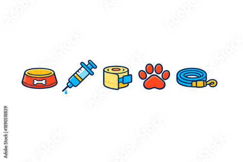 Illustration showing essential items for pet care including food bowl, syringe, medical tape, paw print, and leash used for grooming and health purposes