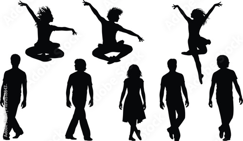 Silhouette people, jumping pose, walking stance, expressive movement, dynamic energy, freedom motion, artistic performance, joyful gesture, human posture, modern dance, vitality