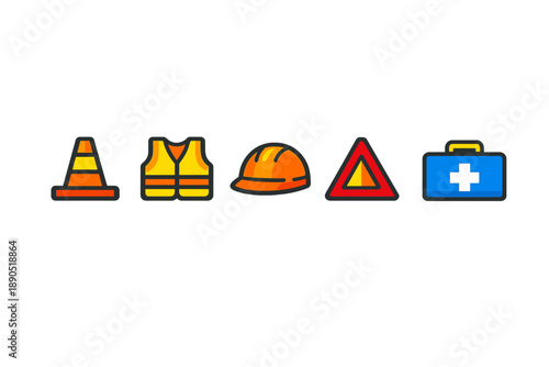 Construction safety symbols are displayed on a plain background to highlight safety measures in building sites and work areas