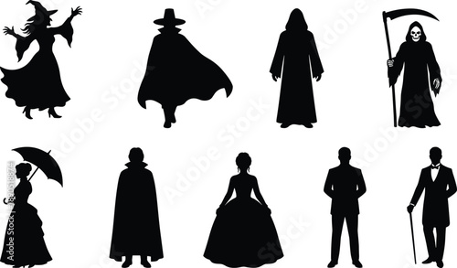 Silhouette, character, costume, fantasy, horror, historical, witch, reaper, cloak, umbrella, gown, suit, pose, black, white, vector, illustration, isolated, mysterious, design