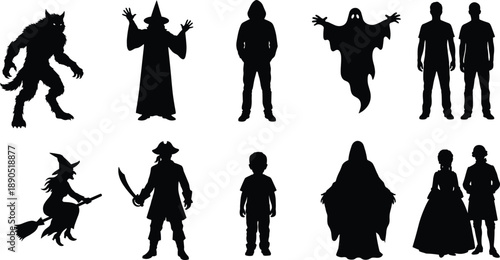Silhouette, character, fantasy, horror, costume, ghost, witch, pirate, wizard, child, suit, broomstick, sword, pose, black, white, vector, illustration, isolated, design