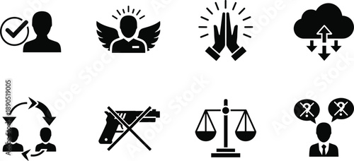 Business and ethics vector icons set, black silhouettes showing approval, angel, prayer, cloud upload, teamwork, justice, decision symbols graphic design