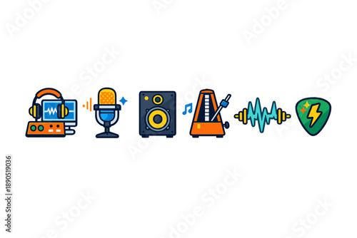 Different tools for music creation displayed in a row with a focus on production, recording, and sound manipulation