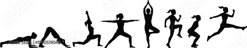 Silhouette, fitness poses, yoga exercise, plank position, downward dog, warrior stance, tree pose, squat jump, high knees, black vector, workout routine, flexibility training, strength movement