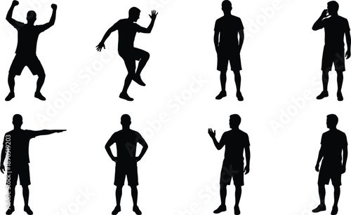 Silhouette, male, gesture, pose, body language, standing, dancing, waving, pointing, confident, expressive, isolated, black, white, posture, movement, emotion, communication, abstract, vector