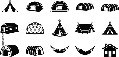 Camping shelter vector icons set, black silhouettes of tents, cabins, domes, hammocks, huts for outdoor travel, adventure, tourism graphic design