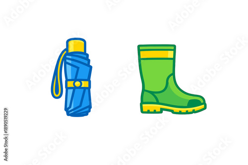 Umbrella and rubber boots on a white background for outdoor activities in rainy weather