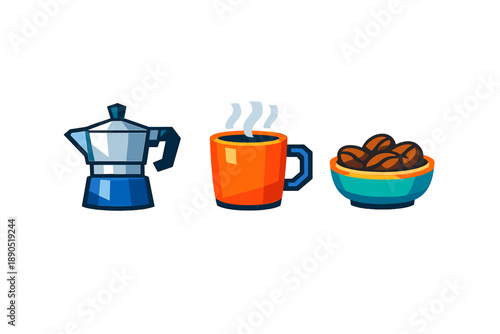 Brewing coffee with a moka pot, serving in an orange cup, and a bowl of coffee beans on a table