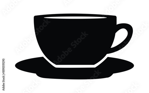 Simple black and white coffee cup icon silhouette with saucer design