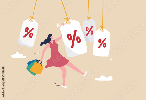Sale or discount price tag, marketing promotion or price cut, retails shop or advertising, commercial, customer purchase concept, young woman customer with shopping bags hold discount price tag.