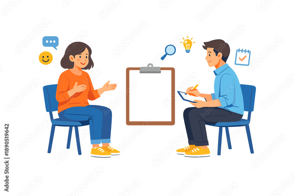 Fototapeta premium Two people have a discussion in a room, one person is seated with a clipboard while the other shares ideas during a meeting