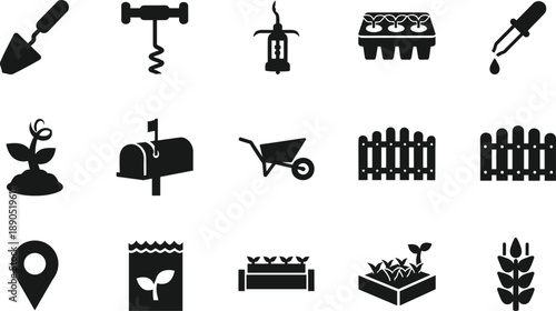 Gardening vector icons set, black silhouettes of tools, plants, seeds, wheelbarrow, fence, mailbox, watering, farming graphic design symbols