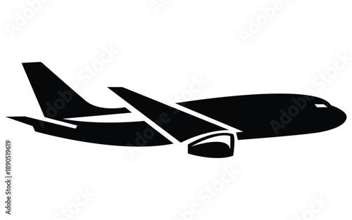 Simple black and white icon silhouette of a modern passenger airplane in flight
