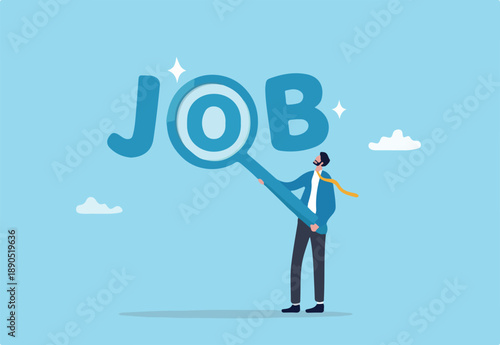 Job search, employee finding new job, career opportunity, employment or recruitment, applicant or candidate search online website concept, businessman magnifying glass searching for new job.