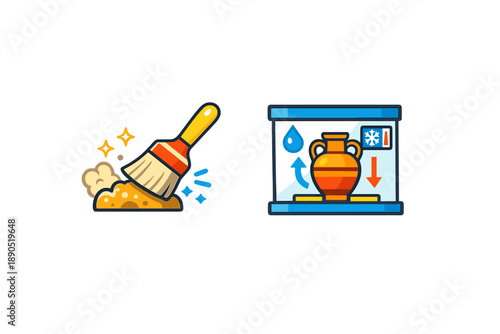 Cleaning dust from objects using a brush next to a cold storage area for pottery, focusing on maintaining the condition of items
