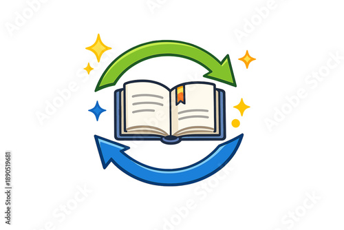 Icon of an open book with arrows showing a cycle of learning and knowledge exchange during the daytime in a digital context