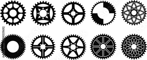 Gear vector icons set, black cogwheel silhouettes with mechanical shapes, industrial machinery symbols for engineering, technology, automation graphic design