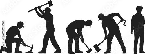 Silhouette evolution of manual labor workers using tools, construction industry workforce progression, human work development concept illustration