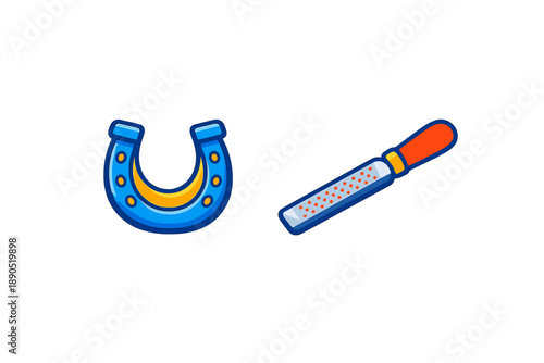 Collection of horseshoe and hoof pick on a plain background representing tools used in horse care