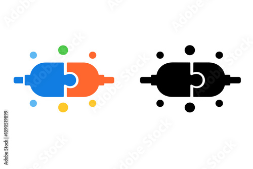 Two interlocking puzzle pieces in different colors, one in blue and orange, the other in black, showing a concept of connection and partnership