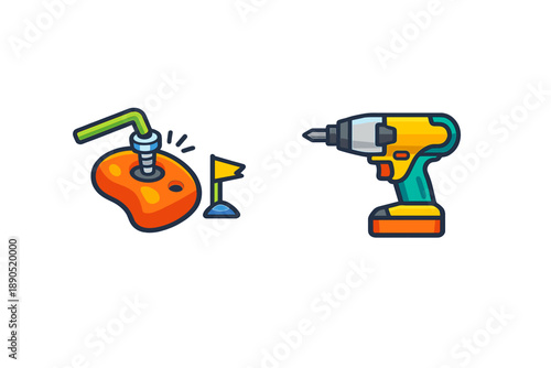 Colorful illustrations of a rock climbing hold with a bolt and drill for use in climbing accessories or tools
