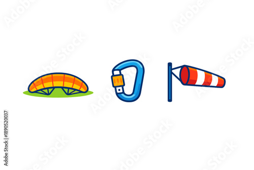 Design elements showing paragliding gear including a wing, carabiner, and wind cone indicating suitable flying conditions