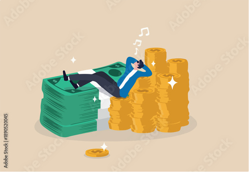 Rich man with his wealth, success businessman earn investment profit, FIRE, financial independence retire early concept, rich happy businessman lay down singing on pile of money coins and banknotes.