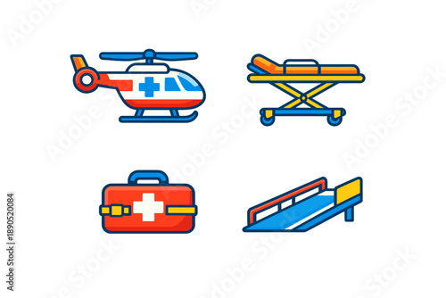 Emergency response services include a helicopter, stretcher, first aid kit, and loading ramp at a medical scene in the daytime with bright colors and simple design