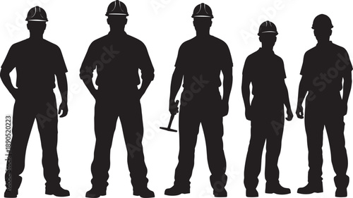 Black and white silhouettes of a diverse professional construction worker team wearing safety hard hats for industrial labor, building site management, and teamwork concepts.
