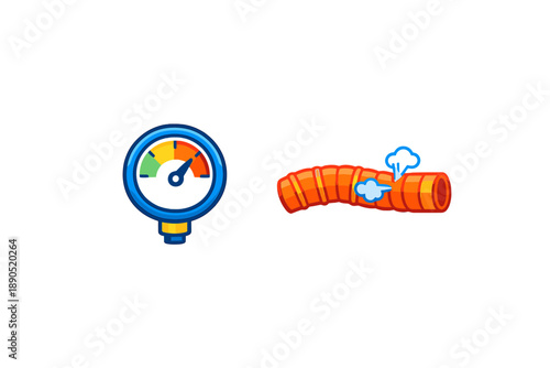 Pressure gauge shows measurement while steam rises from a pipe in an industrial setting with tools and equipment nearby