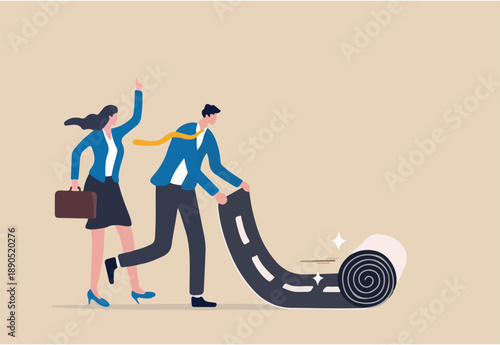 Career path road to success, begin or start new job or career development, leadership to plan for business direction concept, smart businessman rolling career path road carpet for his team colleague.
