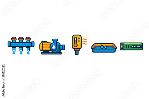 Water system components in a layout showing pipes, pump, sensor, and storage tank in a technical setting
